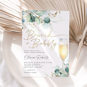 Greenery Brunch and Bubbly Bridal Shower Invitation, Eucalyptus Bridal Shower Invite, Editable Bridal Shower Invite, Champagne Brunch, BS17