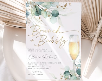 Greenery Brunch and Bubbly Bridal Shower Invitation, Eucalyptus Bridal Shower Invite, Editable Bridal Shower Invite, Champagne Brunch, BS17