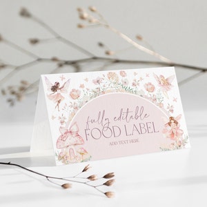 Fee Lebensmitteletiketten, Boho Bogen Feengarten Lebensmitteletikett Karte, Fee Blumen Geburtstag Lebensmittel Tags, gefaltete Lebensmittelkarten, Fee Zelt Lebensmitteletikett, BD83