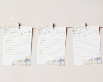 Tips för babyshower, pumpa-babyshowerlek, förutsägelser om babyshower, önskemål om babyshower, rådskort, blå pumpa-duschlekar, BBS36