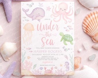 Under the Sea Baby Shower Invitation Girl: Pink Ocean Animals (Canva Template)