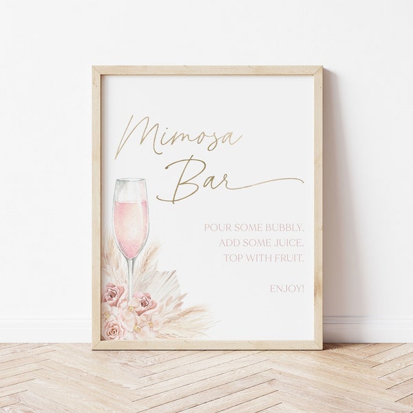 Boho Mimosa Bar Sign, Boho Pink Mimosa Bar Sign, Brunch Bridal Shower Mimosa Bar Sign, Instant Download, Editable Bridal Shower DIY, BS14