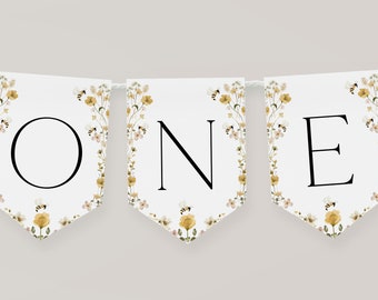 Biene Hochstuhl Banner zum Ausdrucken, 1. Bienen Tag Banner für Hochstuhl, Wildblumen Biene 1. Geburtstag Dekor, Geburtstag EINE Hochstuhl Banner