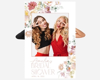 Floral Bridal Shower Photo Prop, Spring Bridal Shower Photo Booth Frame, Pink Floral Personalized Selfie Frame Bridal Photo Frame, BS22