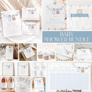 Blue Clothesline Baby Shower Invitation Bundle Boy, Boy Clothes Baby Shower Invite and Games, Blue Baby Clothes Baby Shower Decor, BBS119