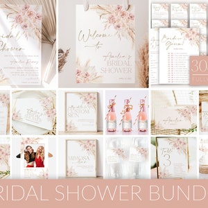 Pink Boho Bridal Shower Invitation Bundle, Boho Floral Bridal Shower Invite and Games Bundle, Editable Games, Printable Bridal Shower, BS33
