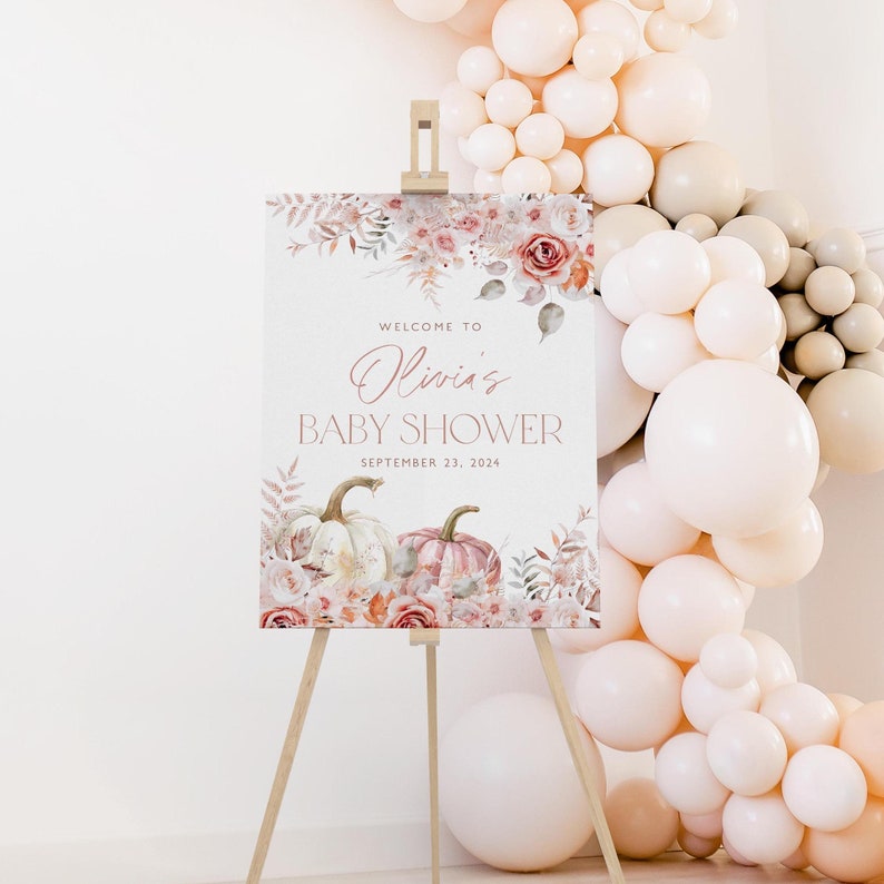 Pumpkin Baby Shower Welcome Sign, Floral Pumpkin Baby Welcome Sign, Girl Baby Shower, Pink Floral Pumpkin, Printable Welcome Sign, BBS106 image 1