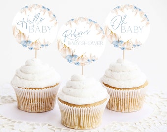 Blauer Boho Kürbis Babyparty Cupcake Toppers, Blauer Babyparty Cupcake Toppers, Kürbis Jungen Babyparty Cupcake Toppers, bearbeitbar, BBS63