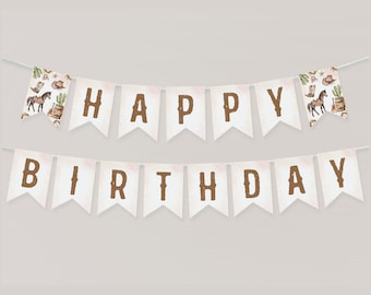 May include: A white banner with brown letters spelling "Happy Birthday" with a western theme. The banner has a light brown background with a pattern of cacti, horseshoes, and cowboy boots.