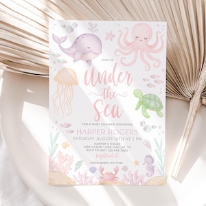 Under the Sea Baby Shower Invitation Girl, Sea Animal Invitation Template, Baby Shower Pink, Pink Under the Sea Invite, Ocean Animal, BBS149