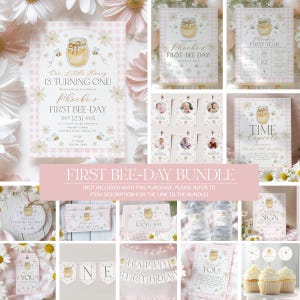 May include: A collection of party supplies with a bee theme. Includes invitations, banners, tags, and cupcake toppers. The designs feature a honey jar, bees, and floral accents in soft pink and yellow hues. Text includes "First Bee-Day" and "Happy Birthday".