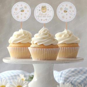 Bee 1st Birthday Cupcake Toppers Printable, Honey Bee Cupcake Toppers, Blue 1st Birthday Editable Cupcake Toppers, Bee First Birthday, BD149