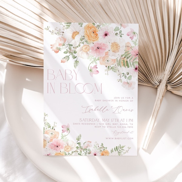 Baby in Bloom Invitation, Floral Baby Shower Invitation, Peach Pink Flower Invitation, Spring Baby Shower Invite, Floral Baby Brunch, BBS94