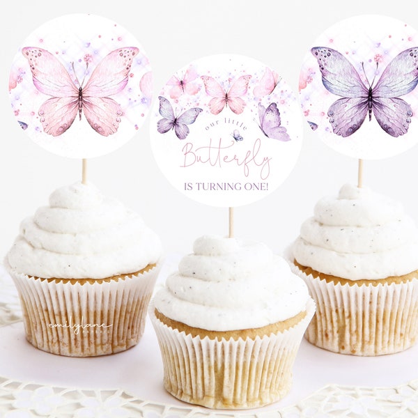 Butterfly Cupcake Toppers, Pink Butterfly Birthday Cupcake Toppers, 1st Birthday Cupcake Topper, First Birthday Girl, Purple Butterfly, BD18