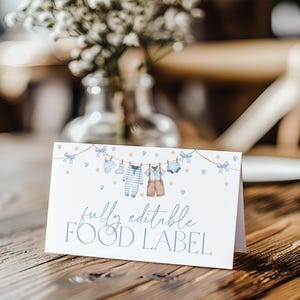 Etichette per alimenti per baby shower, etichette per alimenti per baby shower blu, etichette per alimenti per stendibiancheria blu, biglietti per alimenti piegati, etichette per alimenti a tenda, BBS119