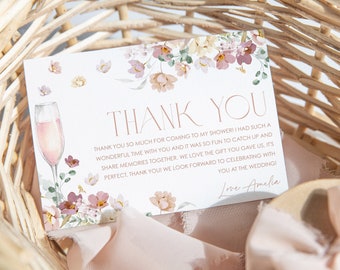Floral Thank You Card Template, Pink Thank You Card Instant Download Thank You Card, Bridal Shower Thank You, Champagne Thank You, BS28