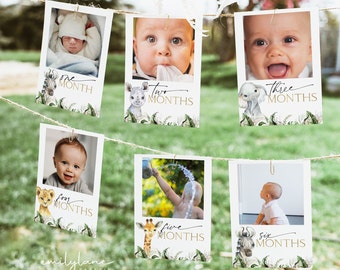 May include: A set of six printable baby milestone cards featuring jungle animal illustrations and a space for a photo. The cards are labeled with the months one through six.