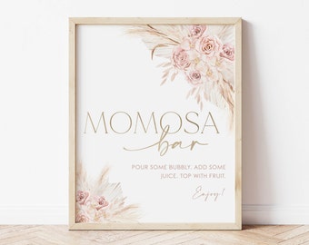 Pink Boho Momosa Bar Sign, Boho Floral Mimosa Bar Sign, Pink Girl Baby Shower, Mimosa Bar Sign, Instant Download, Editable Boho Sign, BBS39