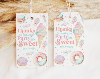May include: Two pastel pink and blue thank you tags with a watercolor ice cream cone, donut, and macaron design. The text on the tags reads "Thanks for making my party so sweet. Love, Camilla."