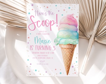 Pastel Ice Cream Birthday Invitation, Pastel 3rd Birthday Invite, Ice Cream Birthday Girl Invite, Ice Cream Party, 2nd 3rd 4th 5th 6th, BD50