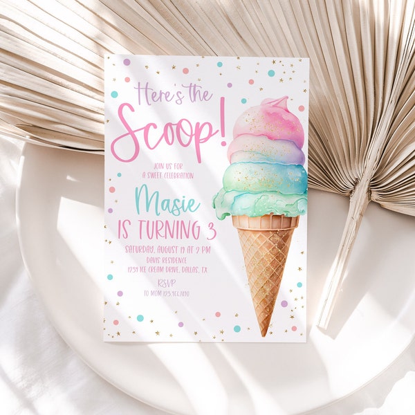 Pastel Ice Cream Birthday Invitation, Pastel 3rd Birthday Invite, Ice Cream Birthday Girl Invite, Ice Cream Party, 2nd 3rd 4th 5th 6th, BD50