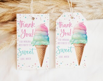May include: Two thank you tags with a colorful ice cream cone design. The text on the tags reads "Thank You!"  "For making my party so sweet" and "Love, Masie".