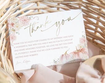 Tarjeta de agradecimiento de calabaza rosa, tarjeta de agradecimiento de baby shower, baby shower de calabaza, baby shower de niña, baby shower de otoño, gracias rosa, BBS37
