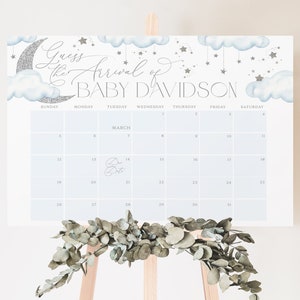 Twinkle Twinkle Star, calendrier pour baby shower, garçon, date de naissance ruban sur la lune, étoiles de lune devinez la date d'arrivée, BBS73