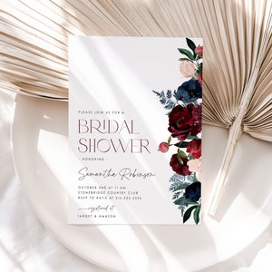 Bridal Shower Invitation, Burgundy Navy Bridal Shower Invitation, Floral Bridal Invitation Template, Flower Bridal Brunch Invite Navy, BS23