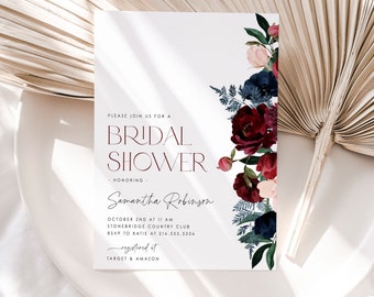 Bridal Shower Invitation, Burgundy Navy Bridal Shower Invitation, Floral Bridal Invitation Template, Flower Bridal Brunch Invite Navy, BS23