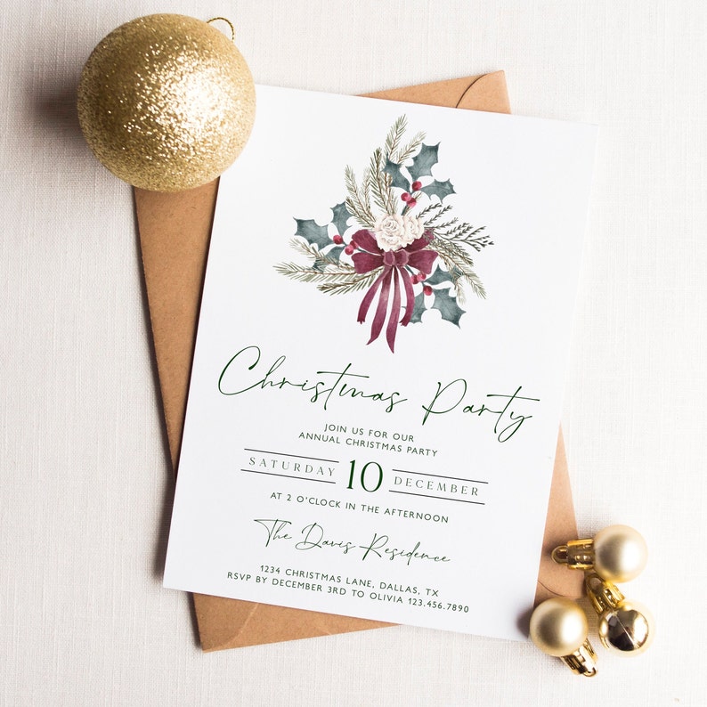 Christmas Party Invitation, Holiday Party Invitation Template, Editable Christmas Invitation, Christmas Holly, Work Holiday Party, CP10 image 2