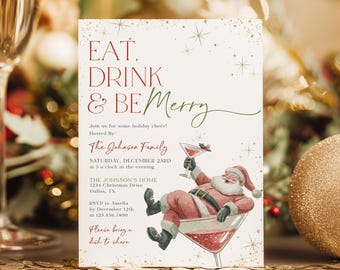 Könnte beinhalten: Eine Weihnachtseinladung mit dem Text "EAT, DRINK & BE Merry". Die Einladung zeigt eine Illustration des Weihnachtsmanns in einem Martini-Glas. Die Einladung enthält Eventdetails und RSVP-Informationen.