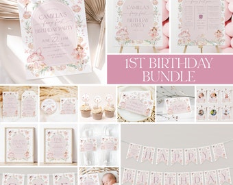 Può includere: Un set di festa di compleanno stampabile a tema fata per il primo compleanno. Il set include una varietà di articoli, come inviti, striscioni, topper per cupcake e molto altro. Il design presenta una combinazione di colori rosa e verde con accenti floreali.
