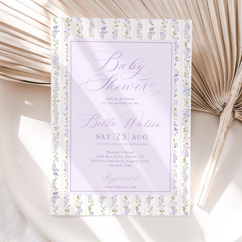 Baby Shower Invitation Template, Lavender Purple Floral Invite, Gender Neutral Baby Shower (Canva Editable) image 3