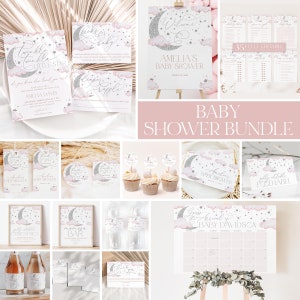 Twinkle Twinkle Star Baby Shower Invitation Bundle, Pink Silver Baby Shower Moon Stars Invitation Editable Games, Girl Baby Shower, BBS72