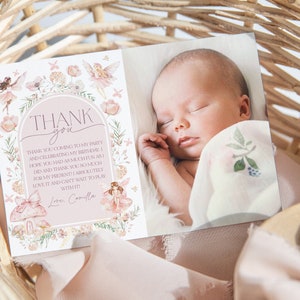 Cartão de agradecimento de fada, Boho Arch Fairy, primeiro aniversário, obrigado, fada, primeiro aniversário, menina, primeiro aniversário, nota de agradecimento de fada floral, BD83