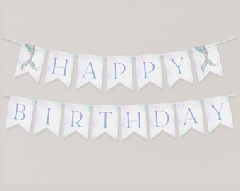 Mermaid Happy Birthday Banner, Mermaid Tail Happy Birthday Banner Printable, Girl Birthday Decor, Mermaid Birthday, Purple and Teal, BD64