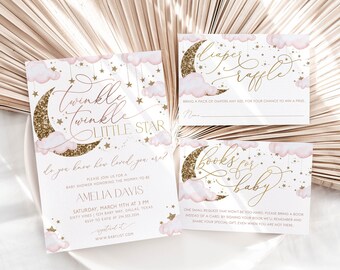 Peut inclure: Ensemble de faire-part de baby shower sur le thème céleste. L'invitation présente un croissant de lune doré à paillettes, des nuages roses et des étoiles. Comprend une tombola de couches et des cartes de livres pour bébé.
