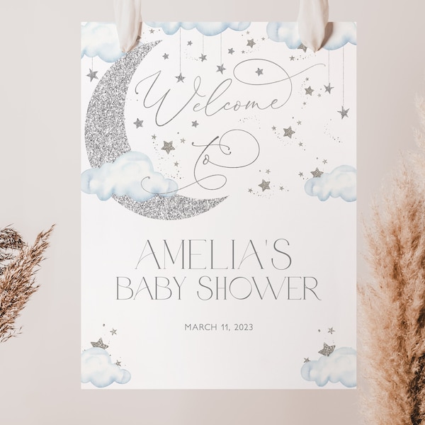 Blue Moon Stars Baby Shower Welcome Sign, Silver Over the Moon Welcome Sign, Boy Baby Shower, Twinkle Twinkle Star Sign, Printable, BBS73