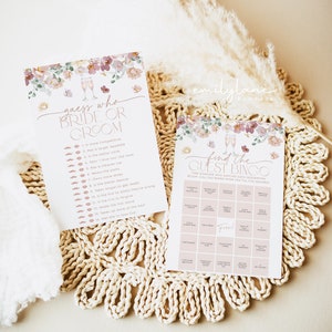 May include: Two printable bridal shower game cards with floral designs. The first card is a "Guess Who: Bride or Groom" game with 14 questions. The second card is a "Find the Guest Bingo" game with 25 squares.