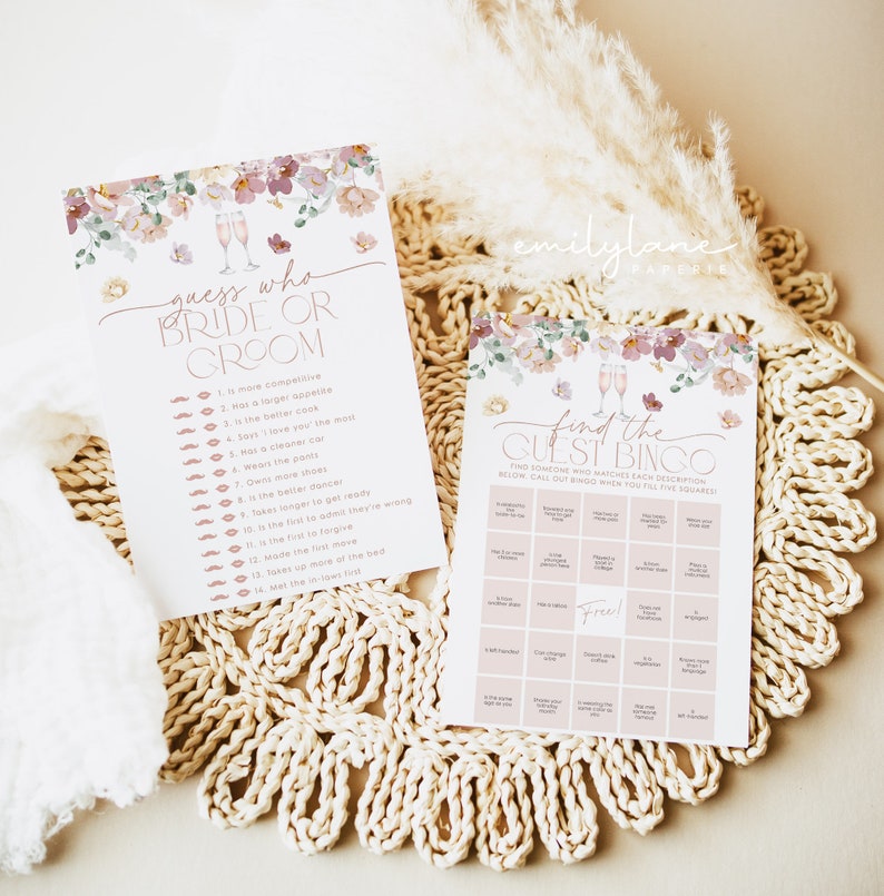 May include: Two printable bridal shower game cards with floral designs. The first card is a "Guess Who: Bride or Groom" game with 14 questions. The second card is a "Find the Guest Bingo" game with 25 squares.