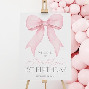 Pink Bow Welcome Sign, Pink Coquette Bow 1st Birthday Welcome Sign Printable, Pink Bow Birthday Sign Template, 1st Birthday Girl Sign, BD126