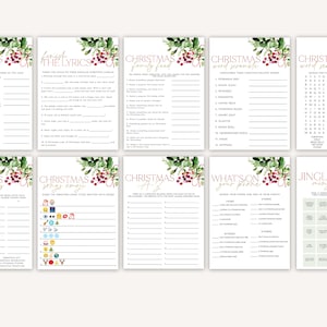 May include: A set of printable Christmas party games with a watercolor floral design. The games include Christmas trivia, finish the lyrics, Christmas family feud, Christmas word scramble, Christmas word search, Christmas scavenger hunt, Christmas songs emoji, Christmas A to Z, what's on your phone, and jingle and mingle.