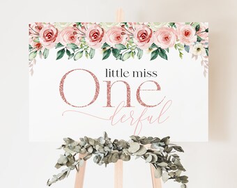 Little Miss Onederful 1st Birthday Sign: Pink Floral Backdrop (DIY Template)