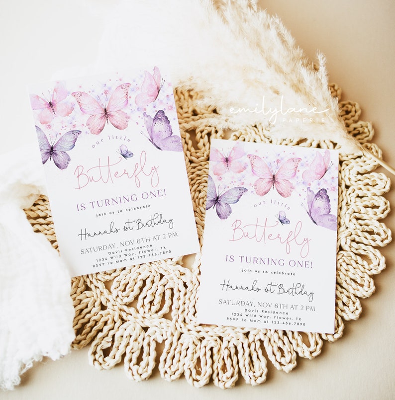 May include: Two purple and pink butterfly themed first birthday party invitations with watercolor butterflies and the text "Our little butterfly is turning one!" and "Hannah's 1st Birthday" with details for the party.