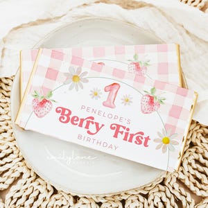Strawberry Chocolate Bar Wrapper Template, Printable Candy Bar Wrapper, 1st Birthday Candy Bar Wrapper, Berry First Birthday Favors, BD123