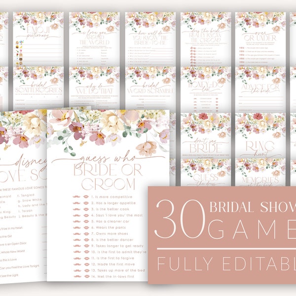 Pink Bridal Shower Games, Floral Bridal Shower Editable Games, Printable Games, Bridal Shower Games Pack, Spring Floral Bridal Games, BS24