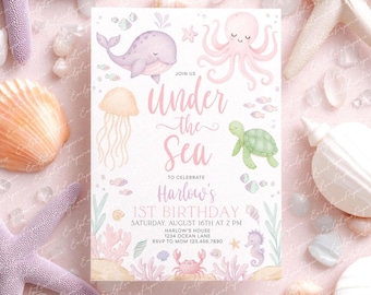 Under the Sea Birthday Invitation, Oneder the Sea Editable Template, 1st Birthday Invite, Ocean Animals Girls Under the Sea Invite, BD153