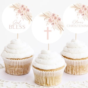 Baptism Cupcake Toppers, Christening Cupcake Toppers, Printable Pink Boho Cupcake Topper, Editable Cupcake, Girl Baptism Decor Boho, BT6