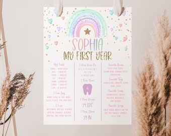 Plantilla de tablero de hitos del primer cumpleaños del arco iris, tablero de hitos del arco iris pastel, tablero de hitos del bebé de la niña, cartel de hitos del pastel, BD37